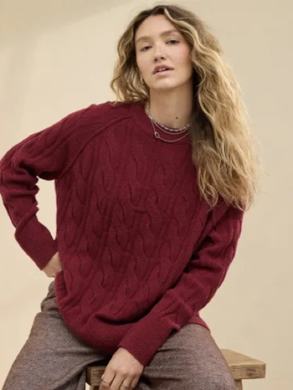 Aerie Oversized Cable Knit Sweater - Burgundy